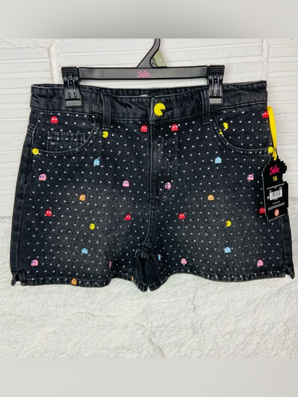 NWT justice Pac-Man Print Black studded Denim mini mom Shorts size 14 & 16